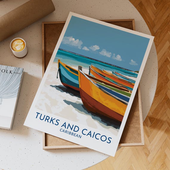 Turks And Caicos Coastal Wall Art Print Featuring Vibrant Fishing Boats Resting On White Sand Beach Beside Clear Turquoise Ocean