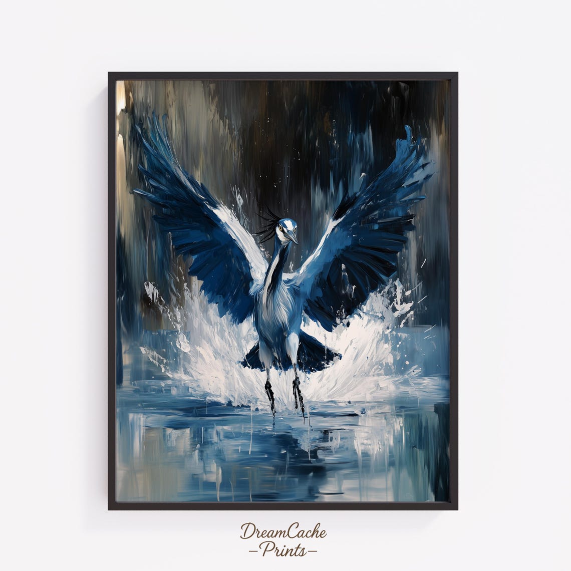 Blue Heron Taking Flight Over Water Splash Wildlife Painting Poster