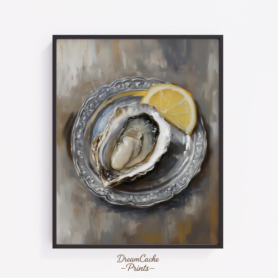Single Oyster on Silver Platter with Lemon Elegant Still Life Poster