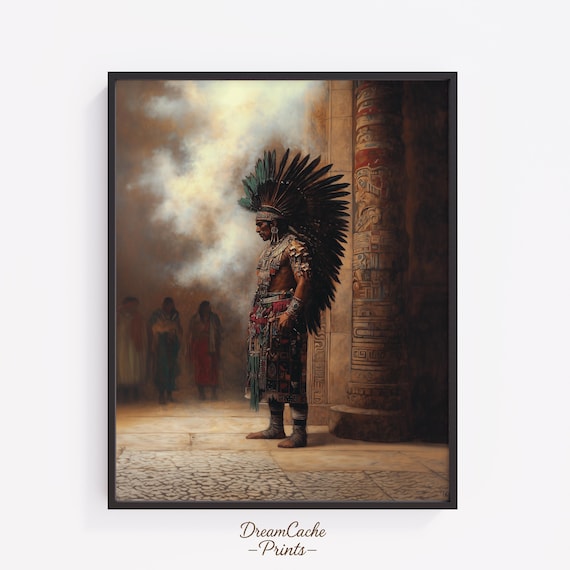 Aztec Noble In Feathered Headdress By Carved Column Oil Painting Poster
