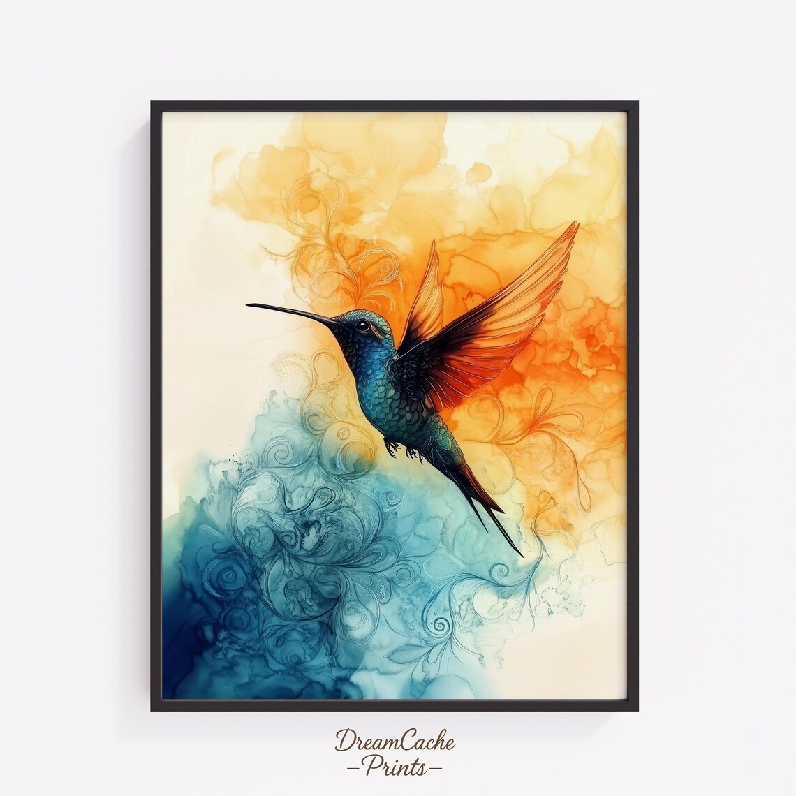 Hummingbird In Flight With Amber And Teal Ink Swirls Art Poster