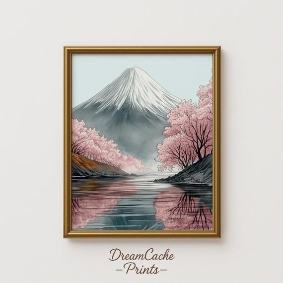 Mount Fuji Cherry Blossom Lake Reflection Serene Watercolor Poster