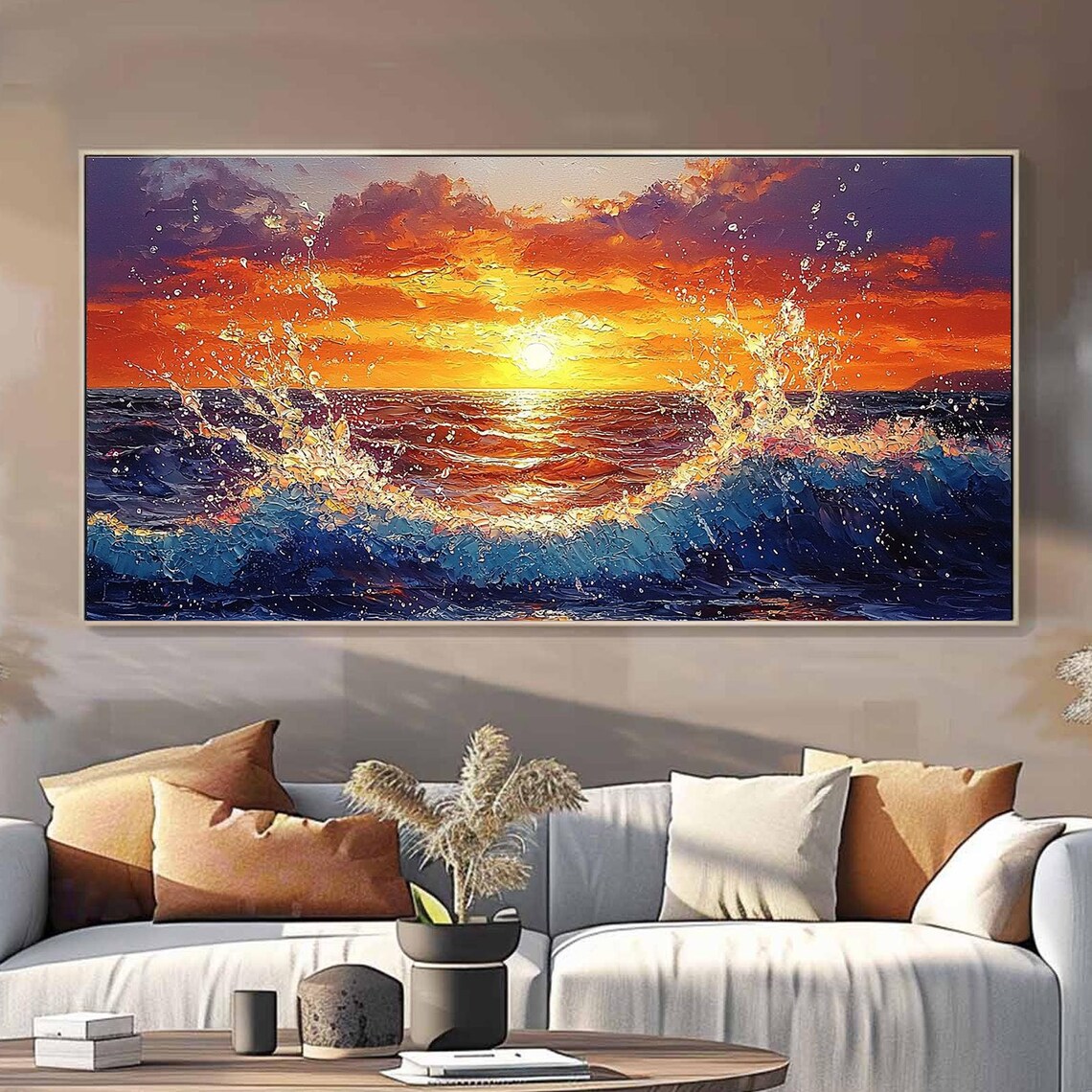 Vibrant Orange Sunset Seascape with Splashing Waves Oil Poster