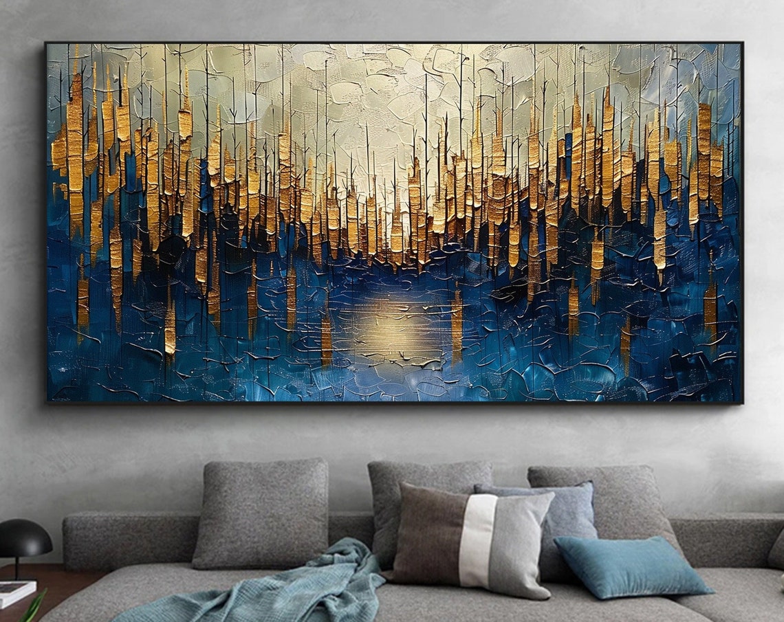 Golden Stalactite Drips Over Deep Blue Moonlit Water Scene Poster
