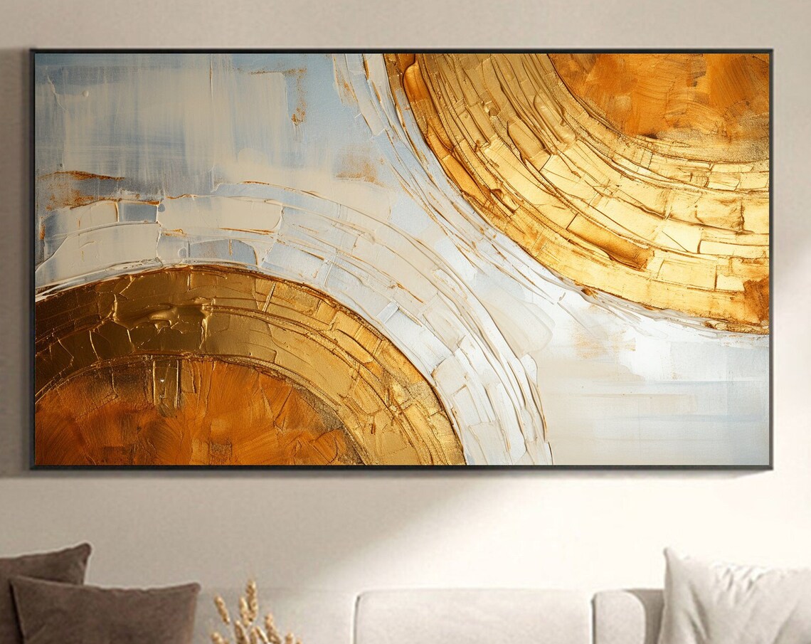 Gold White Double Circle Arcs Abstract Textured Painting Poster