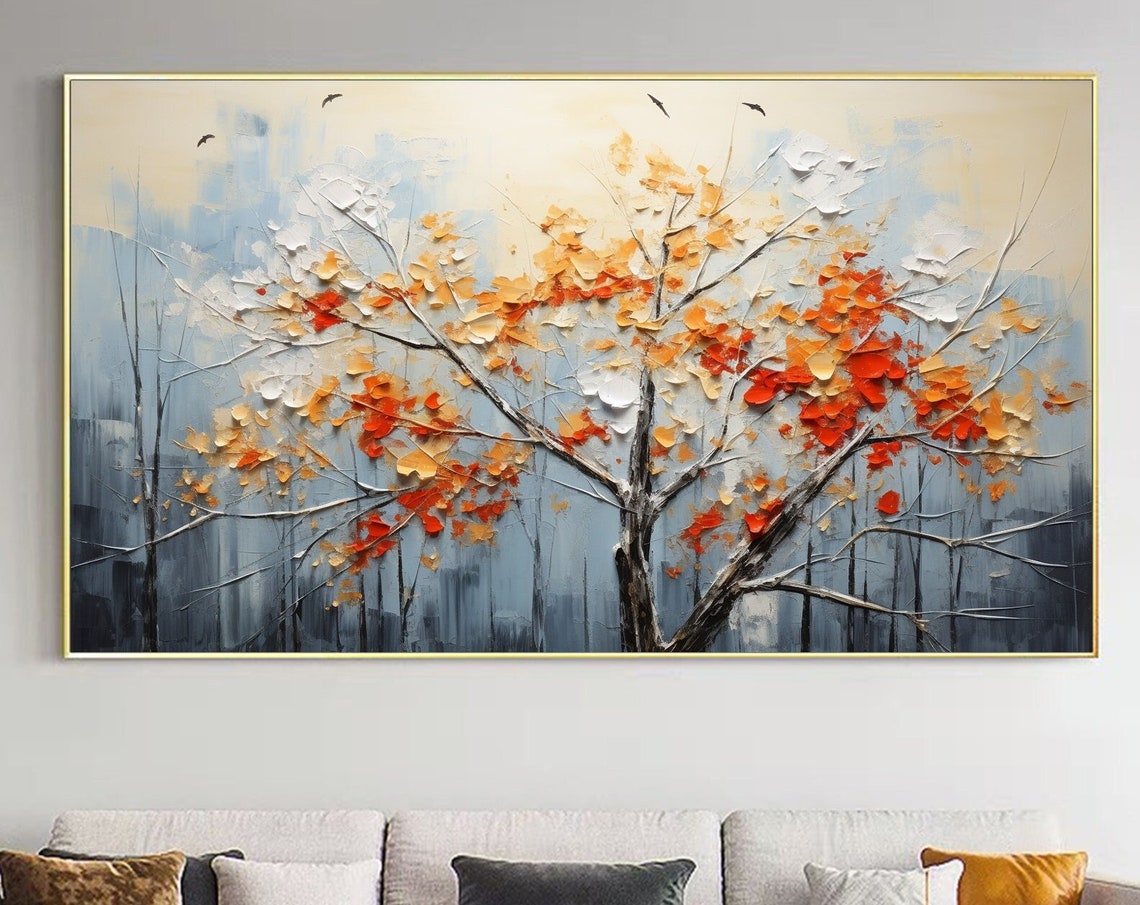 Lone Autumn Tree with Orange Blossoms and Birds in Mist Poster