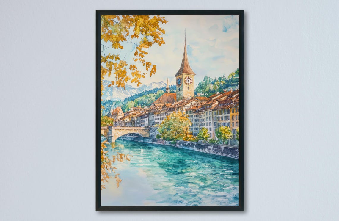 Bern Old Town Clock Tower River Autumn Watercolor Travel Poster