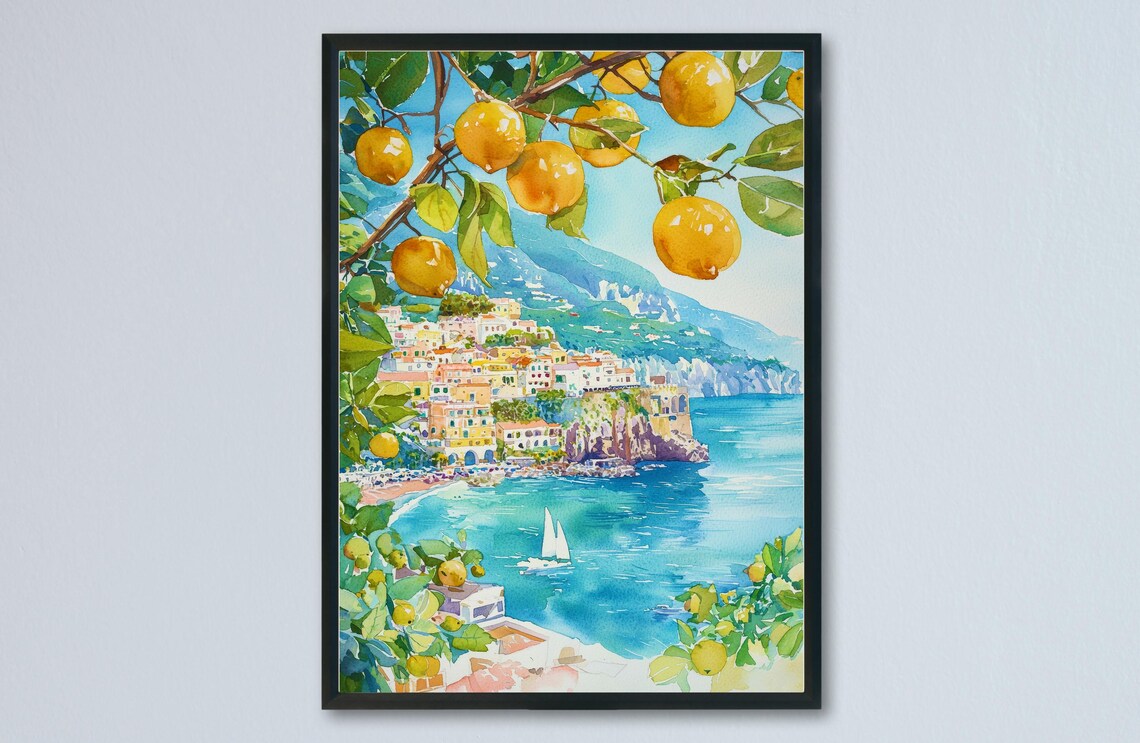 Sorrento Watercolor Travel Poster, Italy Decor