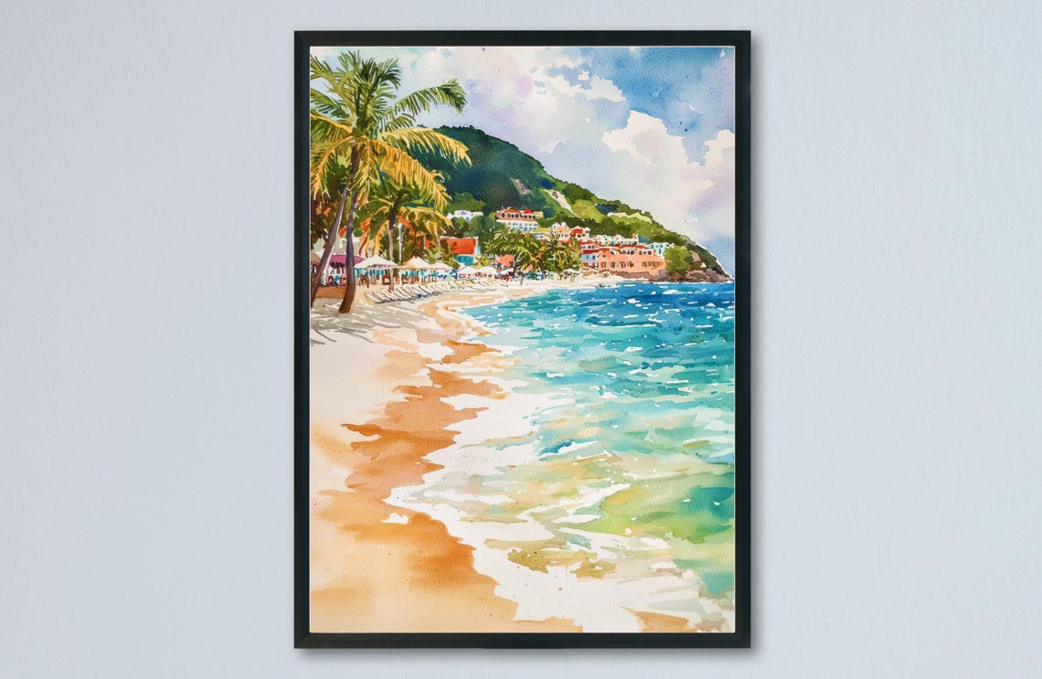 Caribbean Beach Town Palm Trees Green Hill Watercolor Coast Poster