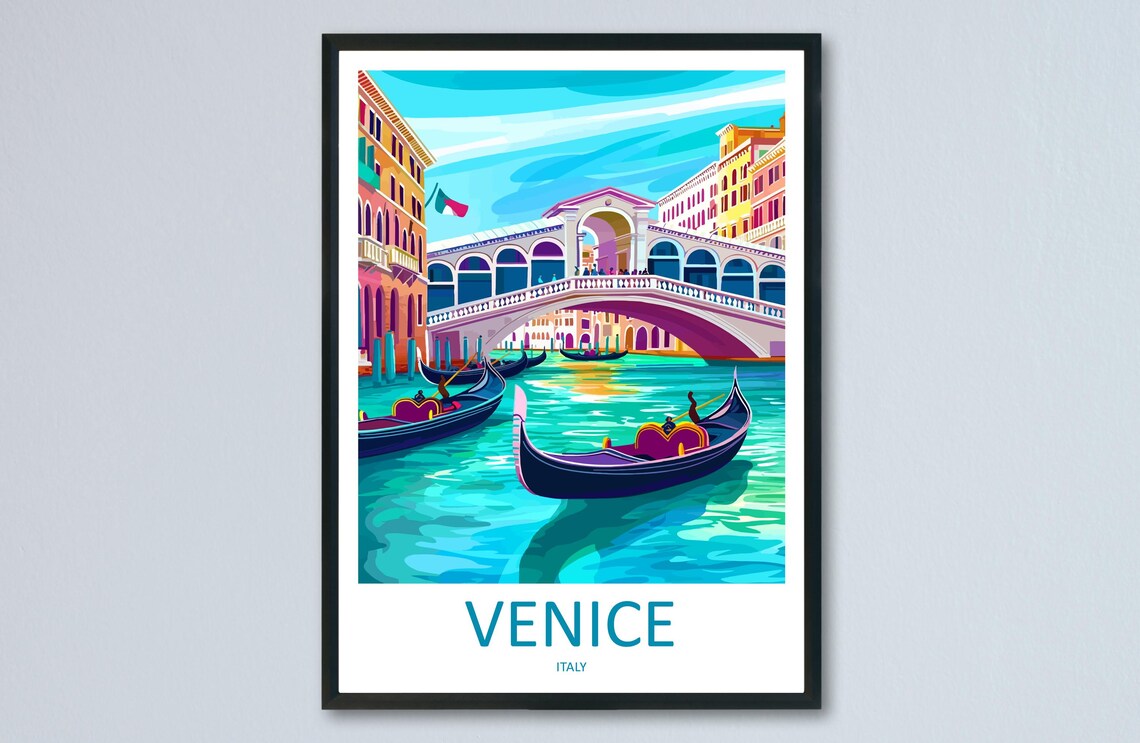 Venice Rialto Bridge Gondolas Canal Italian Flag Italy Travel Poster