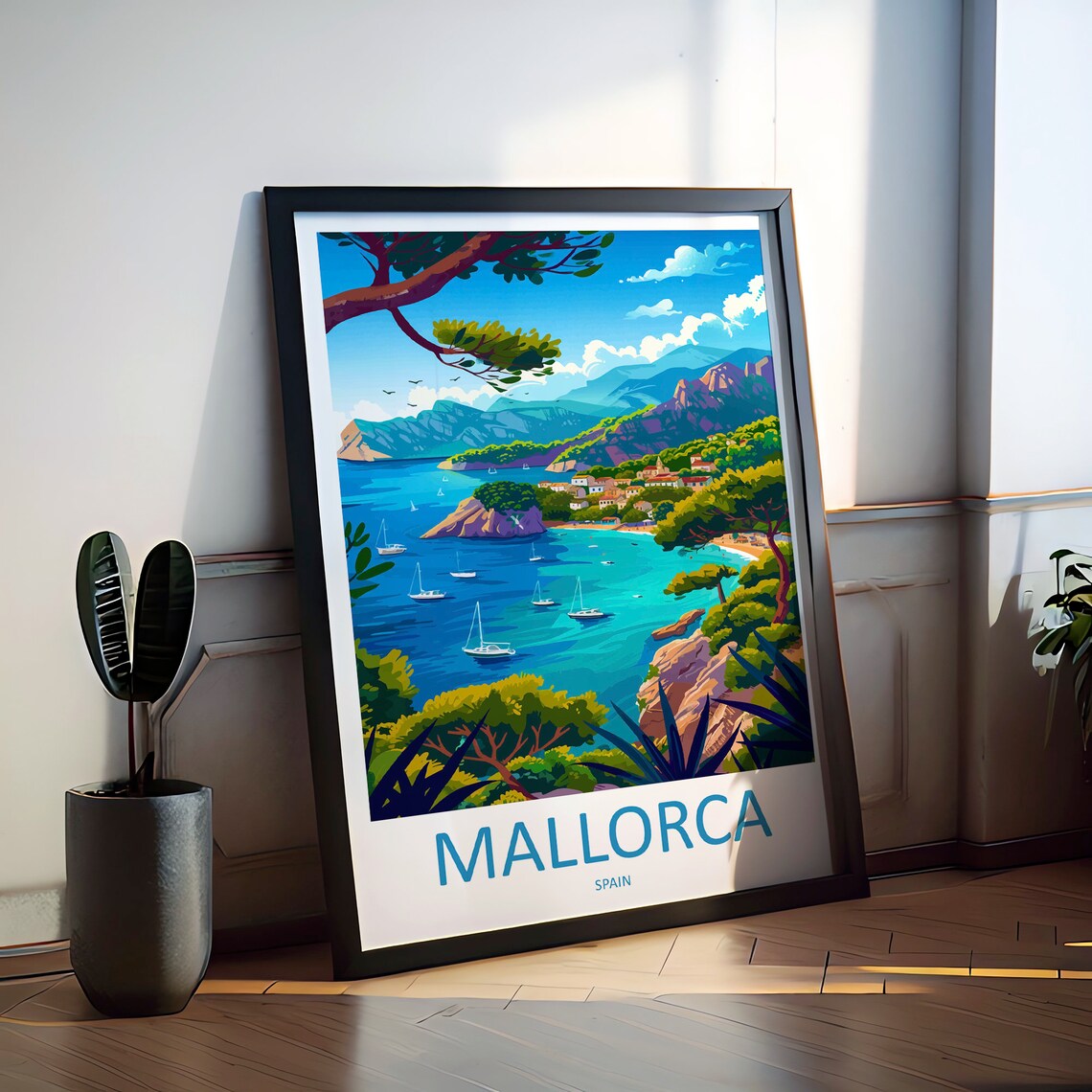 Mallorca Spain Sailboat Bay Pine Trees Coastal Travel Poster - Image 2