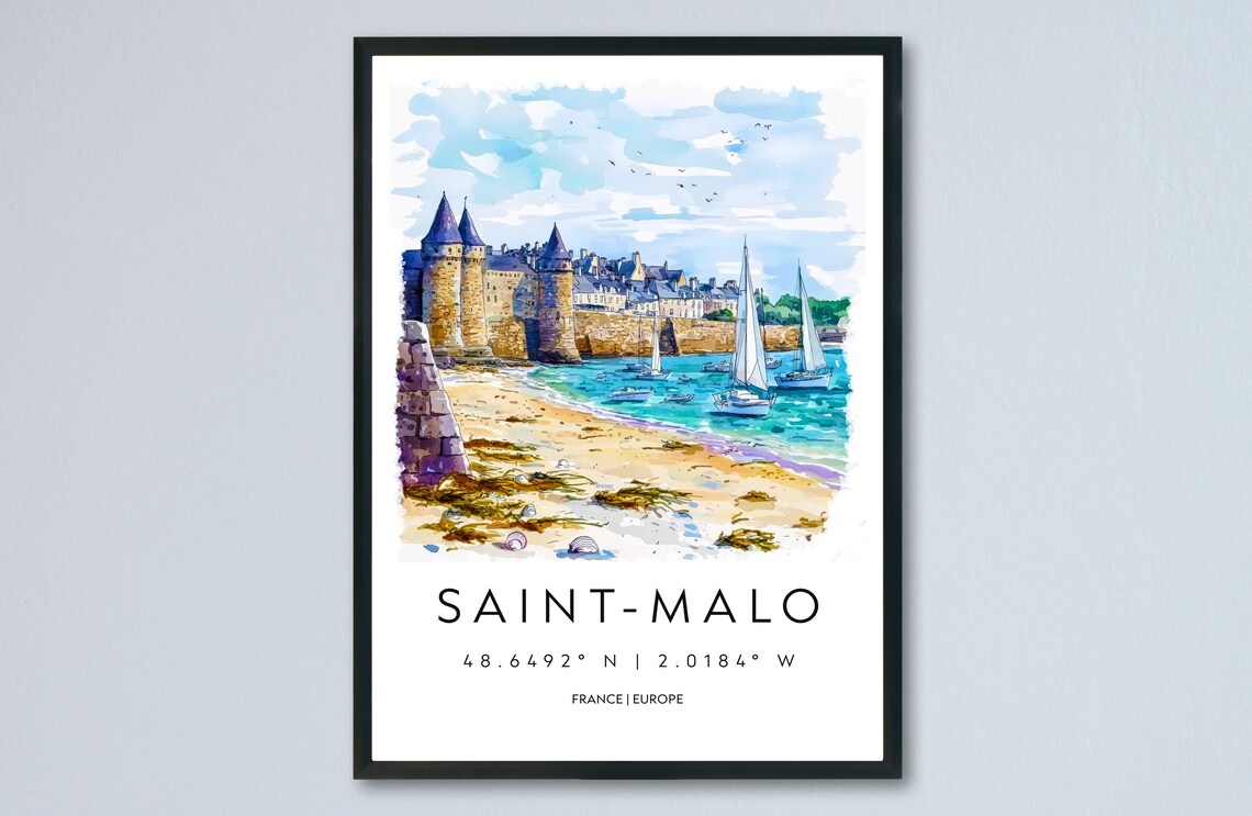 Saint-Malo France Watercolor Travel Poster Walled Coastal Town