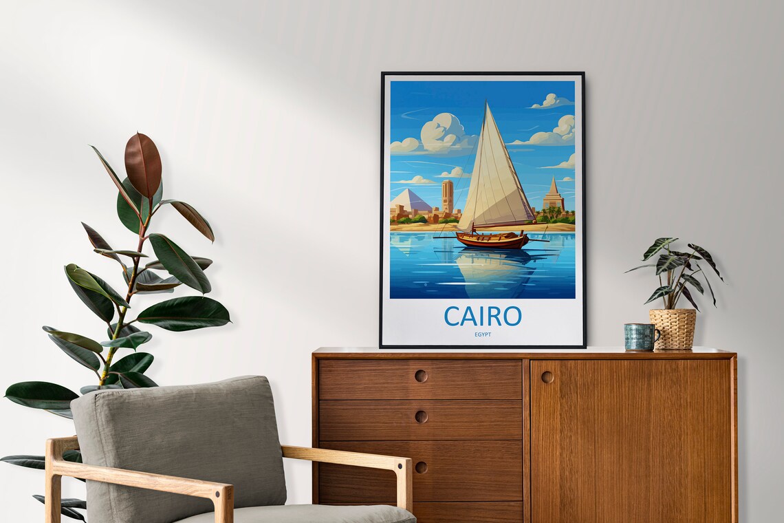 Cairo Felucca Sailboat Pyramids Nile River Egypt Travel Art Poster - Image 2