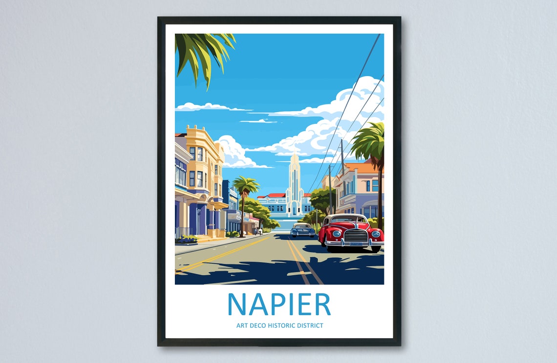 Napier Art Deco Historic District Street with Classic Car Poster