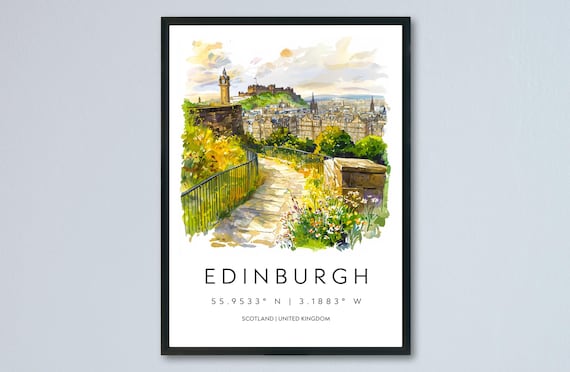 Edinburgh Castle View From Old Town Path Watercolor Scotland Travel Poster