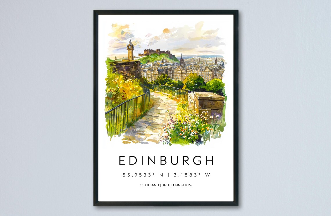 Edinburgh Castle View From Old Town Path Watercolor Scotland Travel Poster