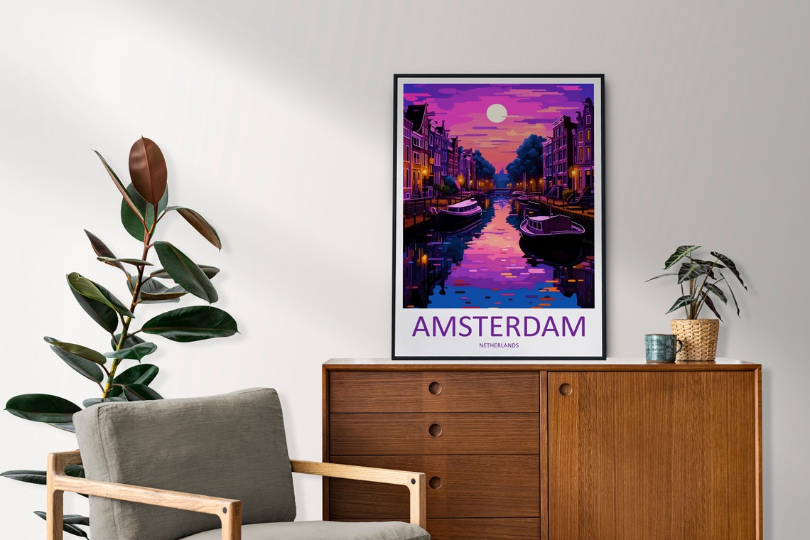Amsterdam Netherlands Dreamy Canal Night Violet Purple Sky Poster - Image 2