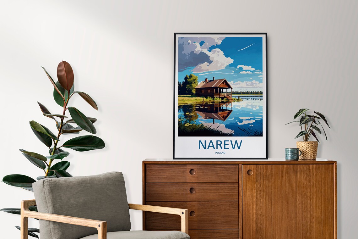 Narew Poland Wooden Cabin Lake Mirror Reflection Retro Travel Poster - Image 2