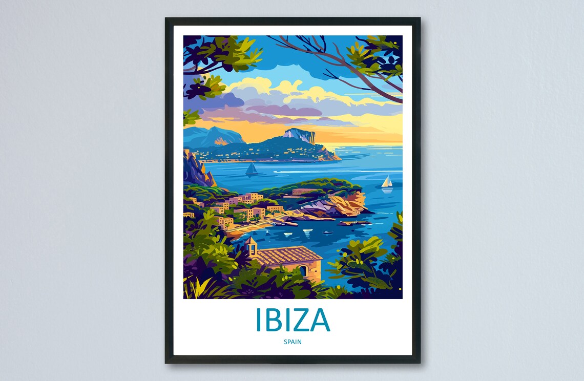 Ibiza Spain Sunset Cove Dalt Vila Coast Sailboats Travel Poster