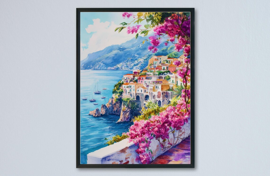 Sorrento Amalfi Coast Watercolor Bougainvillea Cliffside Town View Poster