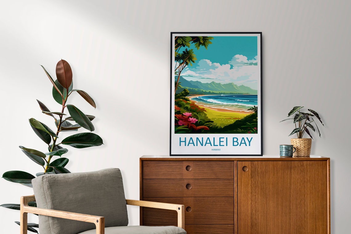 Hanalei Bay Hawaii Tropical Beach Palms Surf Retro Travel Poster Art - Image 2