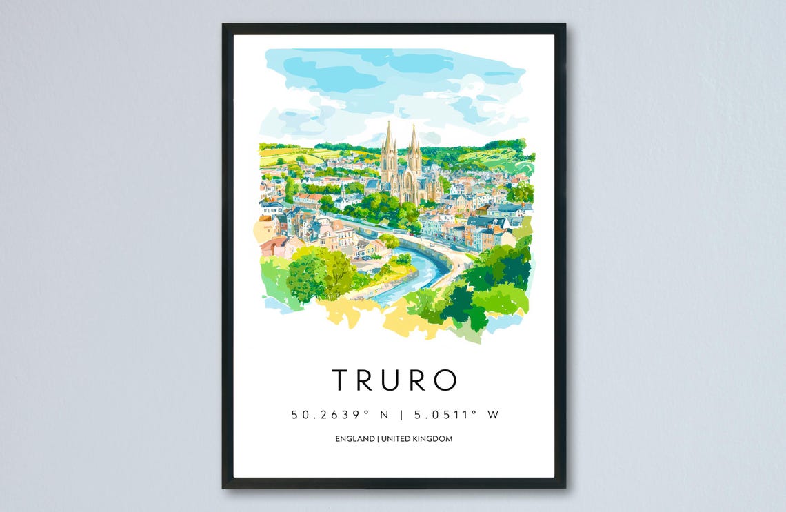 Truro England Cathedral City Panorama Watercolor Travel Poster