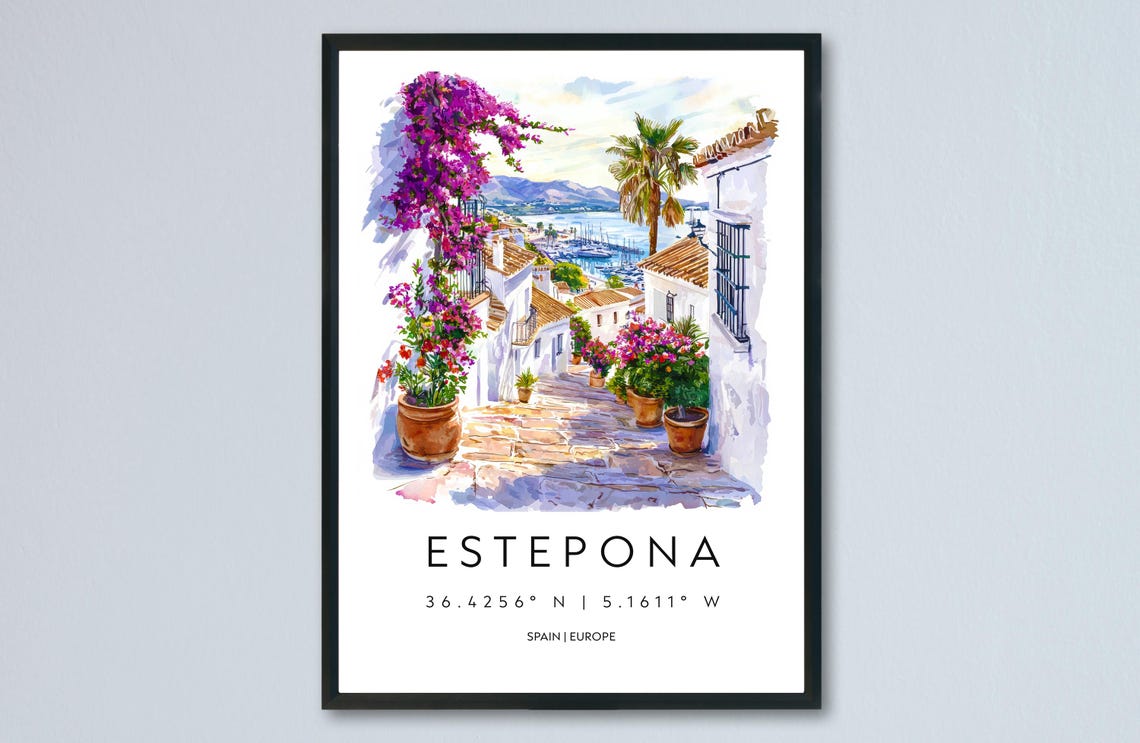Estepona Spain Whitewashed Lane Flowers Sea View Watercolor Art Poster