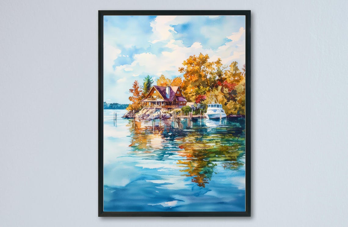 Thousand Islands Lakeside Cabin Dock Autumn Watercolor Poster