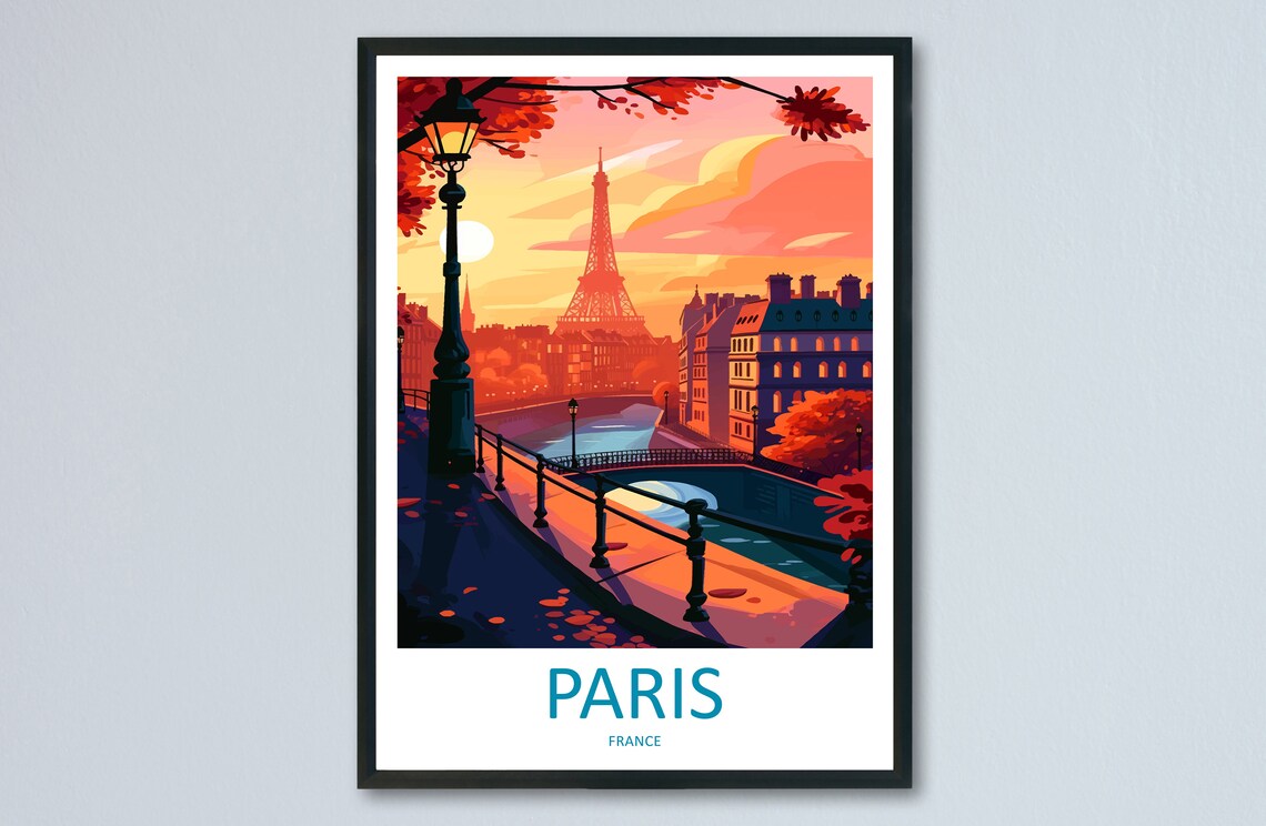 Paris France Eiffel Tower Sunset Lamp Retro Travel Illustration Poster