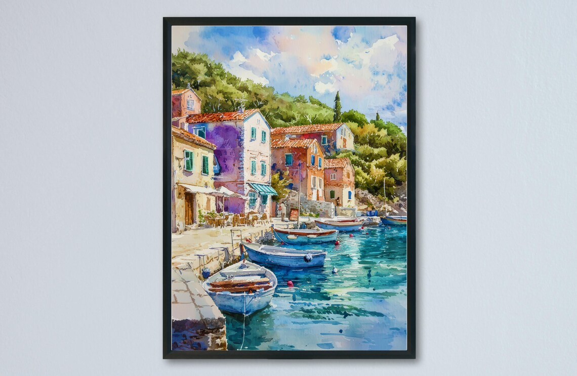 Vis Island Fishing Village Colorful Harbor Boats Watercolor Poster