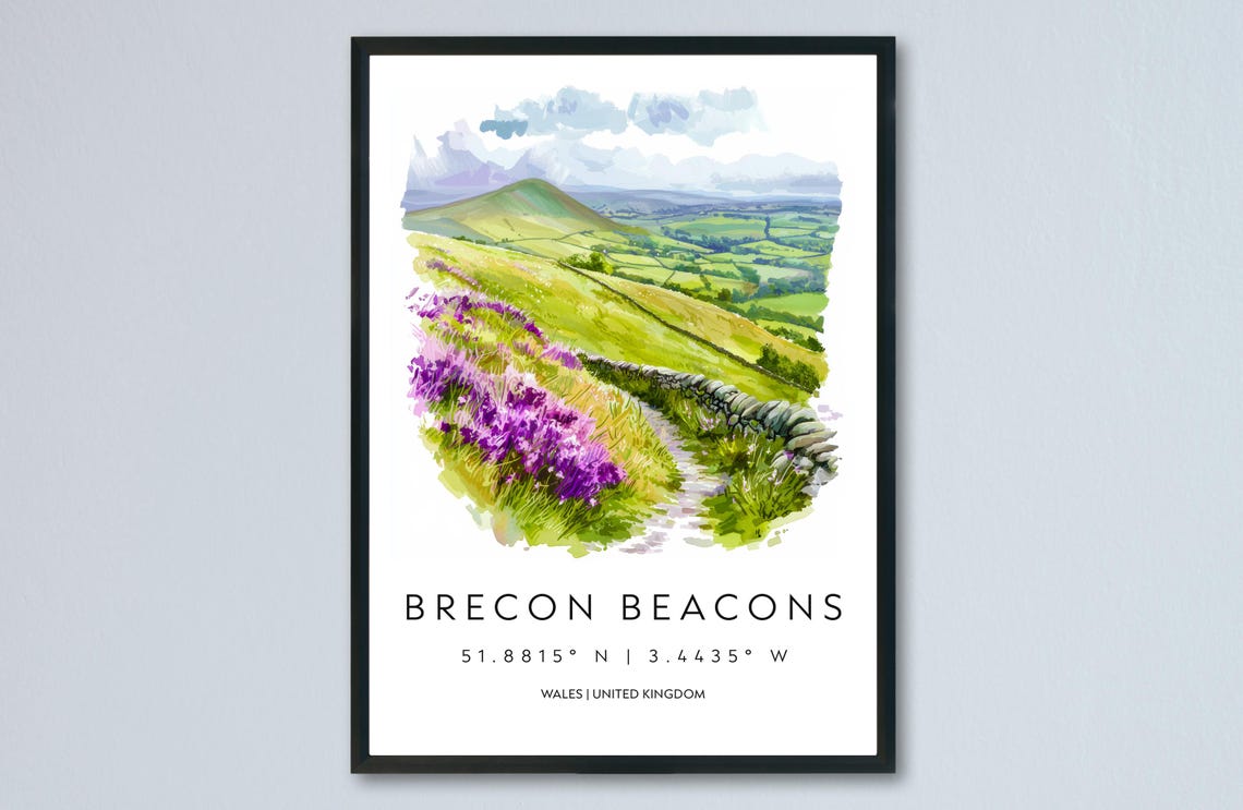 Brecon Beacons Wales Heather Hills Stone Wall Watercolor Poster