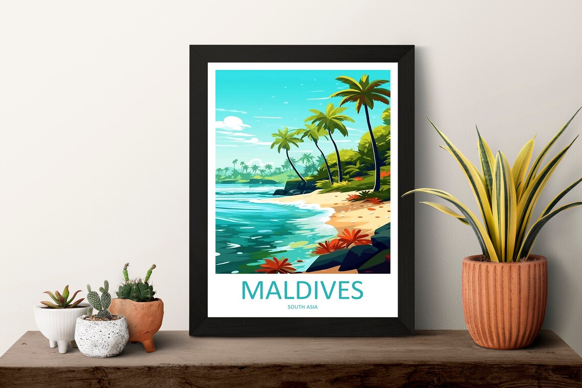 Maldives Tropical Palm Beach Turquoise Lagoon Island Travel Poster - Image 3