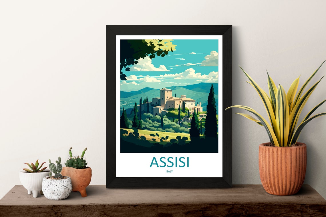 Assisi Italy Hilltop Town Cypress Trees Travel Art Poster Artwork - Image 3