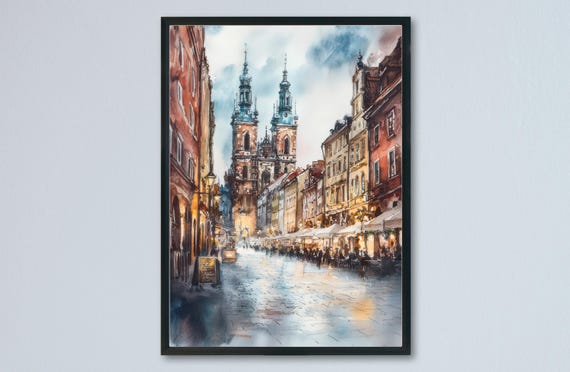 Krakow Watercolor Travel Poster, Poland Cityscape