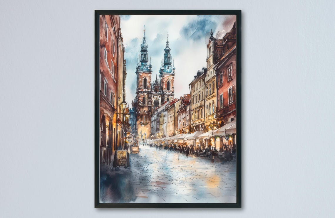 Krakow Watercolor Travel Poster, Poland Cityscape