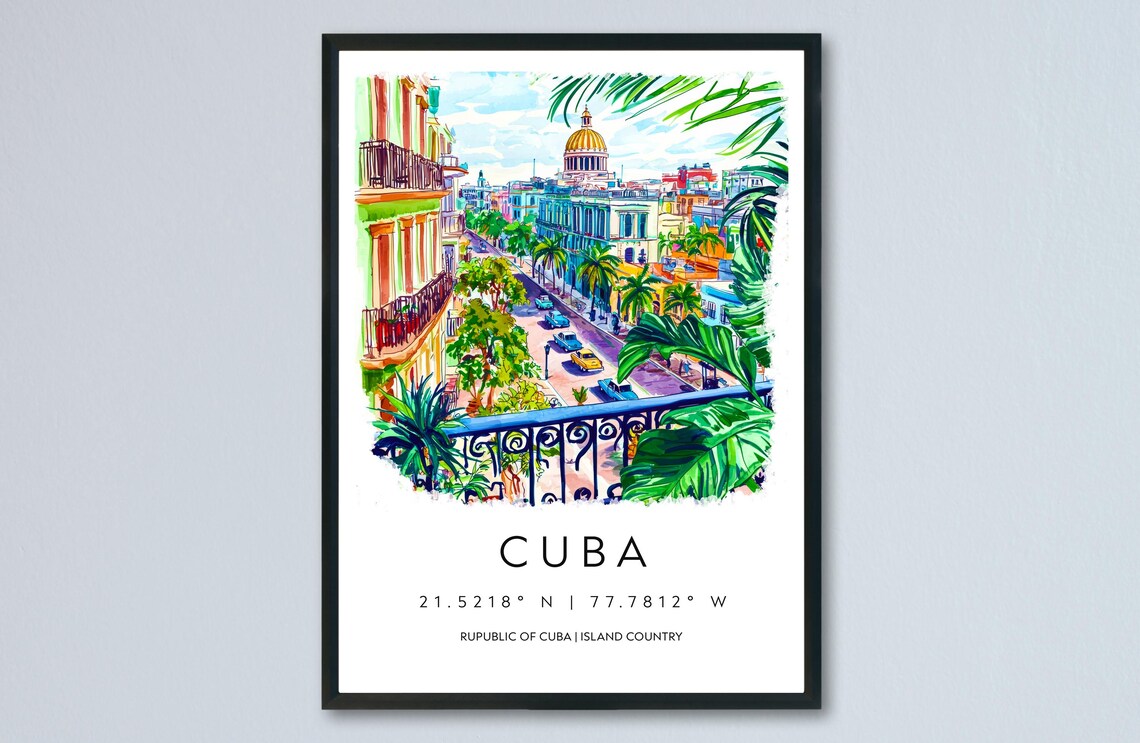 Cuba Havana Watercolor Travel Poster With Capitol Building And Colorful Street