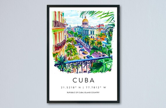 Cuba Havana Watercolor Travel Poster With Capitol Building And Colorful Street