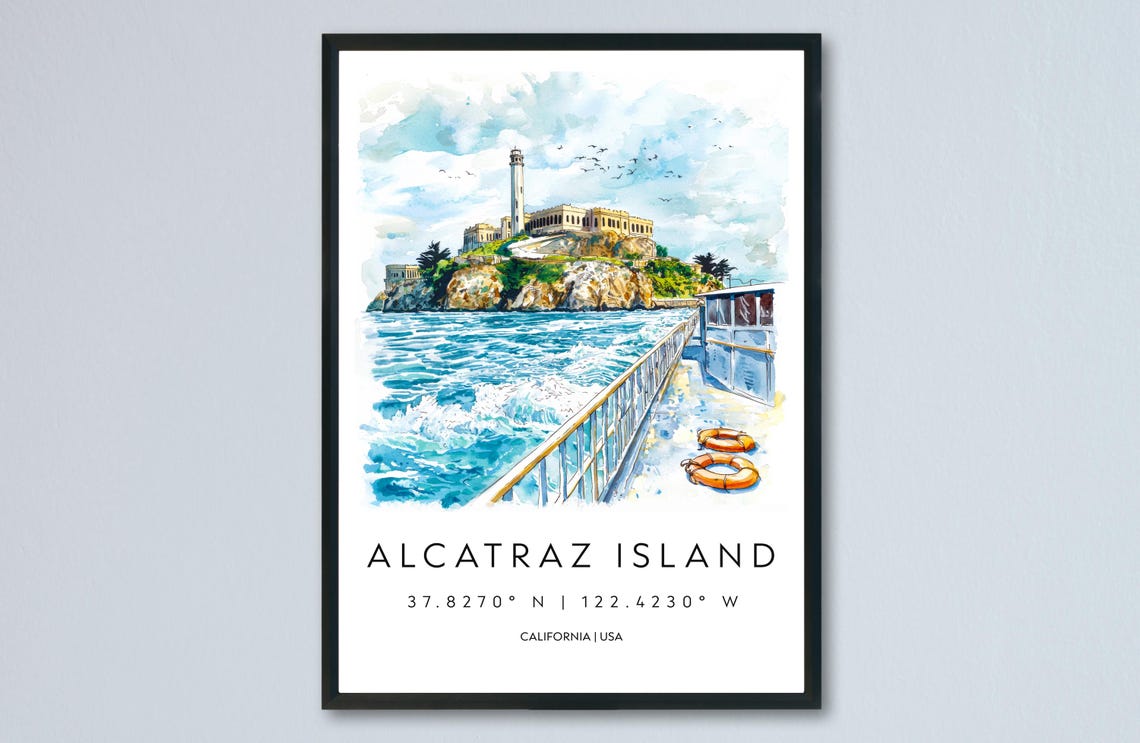 Alcatraz Island San Francisco Bay Watercolor Poster From Ferry Deck