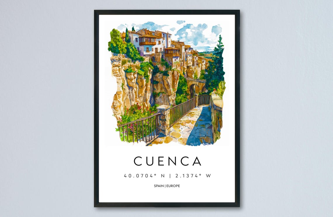Cuenca Spain Famous Hanging Houses Cliff Watercolor Travel Poster