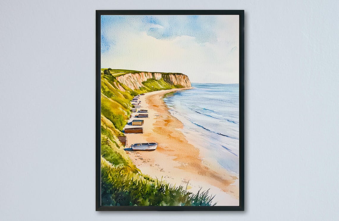 White Chalk Cliffs Coastal Beach Watercolor Seaside Landscape Poster
