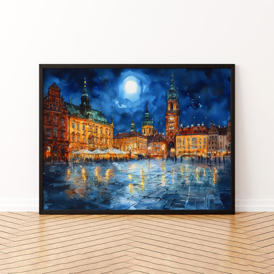 Historic Old Town Square Under a Full Moon on Rainy Night Watercolor Poster