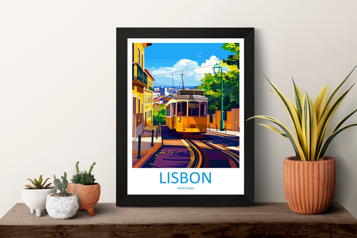 Lisbon Portugal Vintage Steep Yellow Tram Hillside Street Poster - Image 3