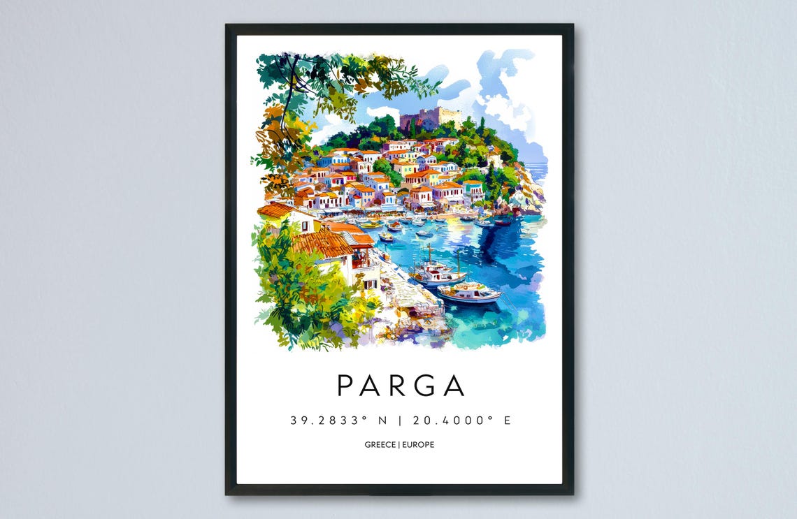 Parga Watercolor Greece Harbor Town Castle Hill Travel Poster