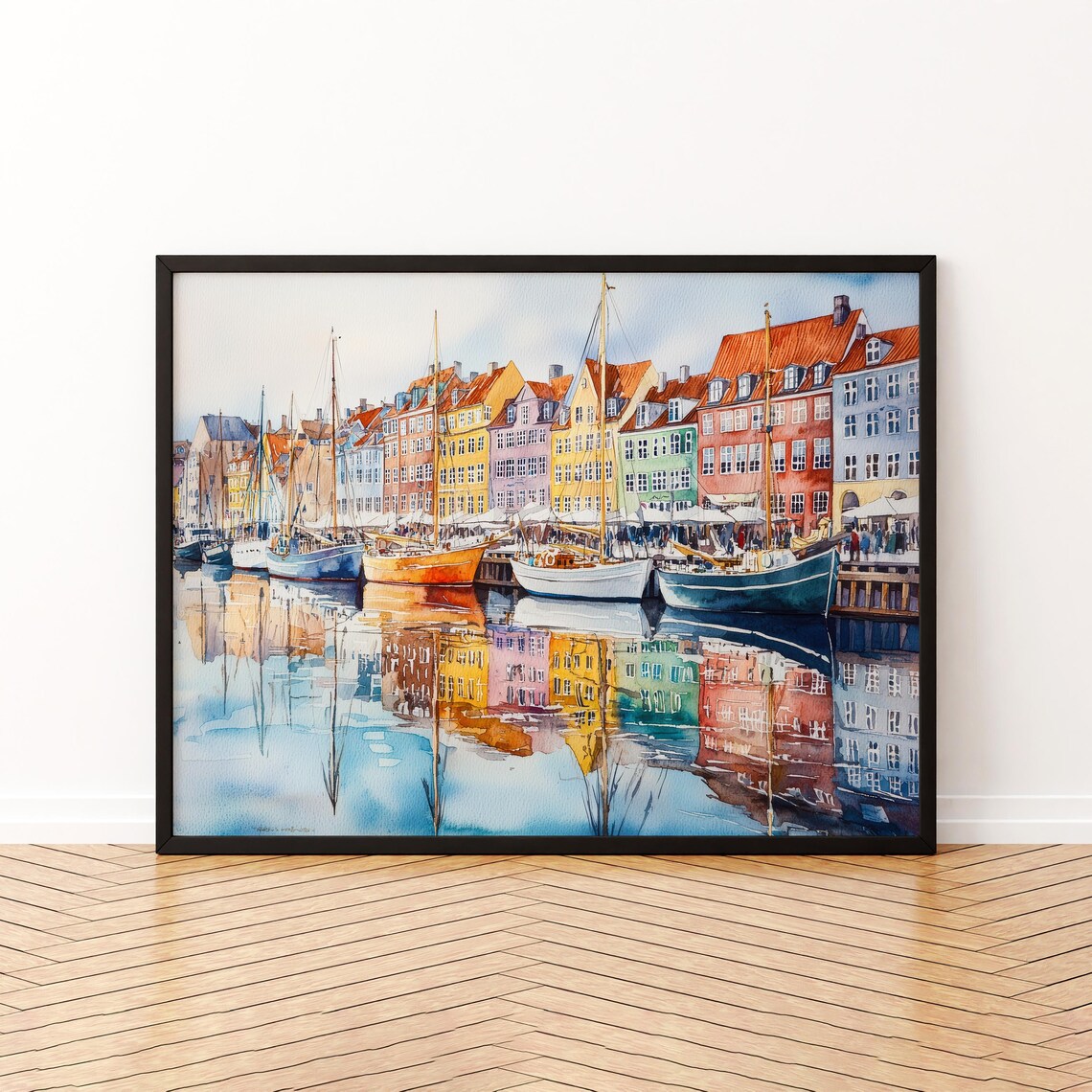 Copenhagen Denmark Nyhavn Harbor Boats Reflections Watercolor Poster