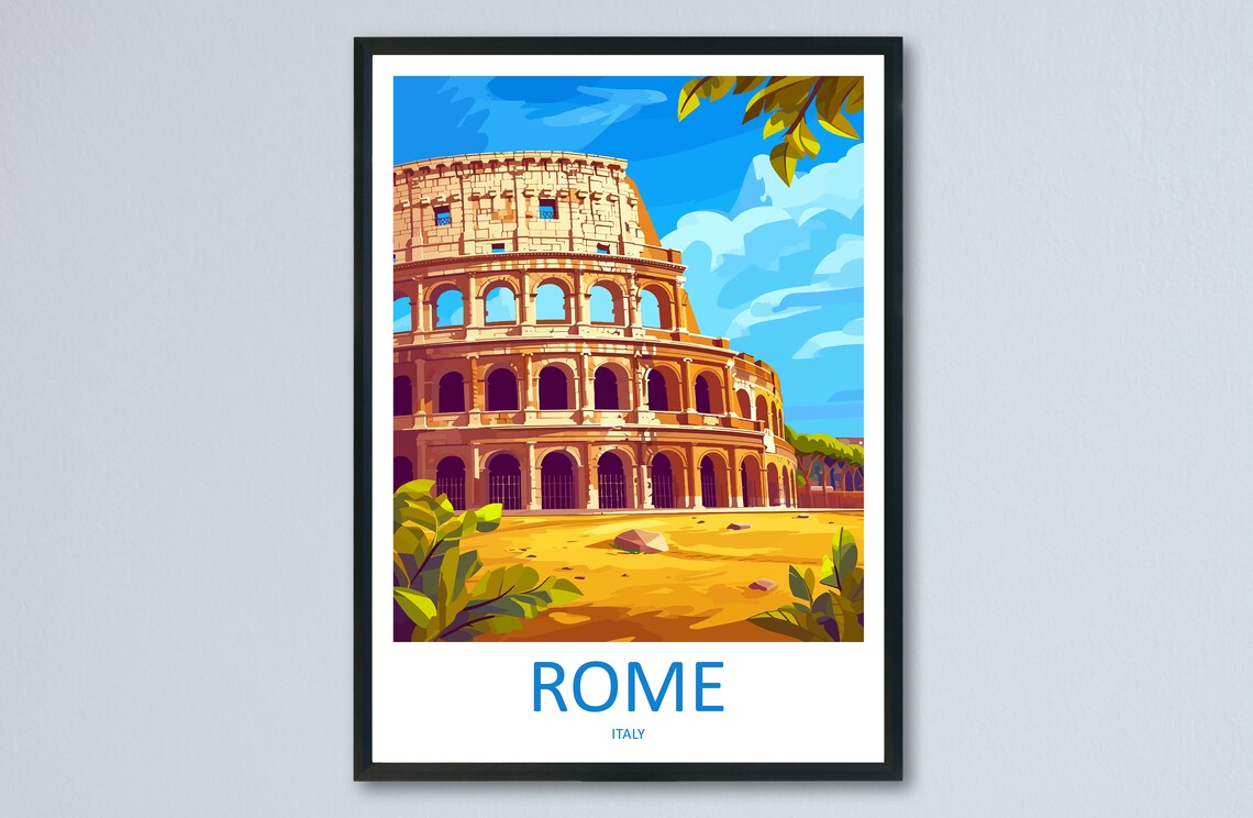 Rome Italy Travel Poster Colosseum Close Up Golden Sunlit Ancient Art