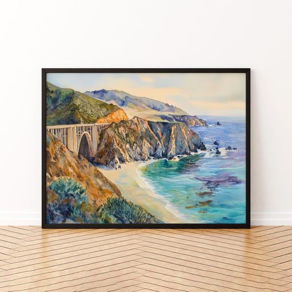 Big Sur Watercolor Poster Travel Print Coastal Landscape Painting Ocean Wall Art Usa Decor Souvenir