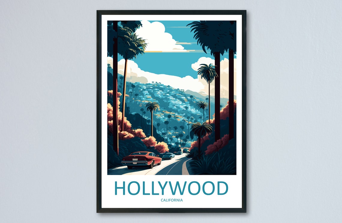 Hollywood California Palm Tree Hillside Street Retro Travel Poster