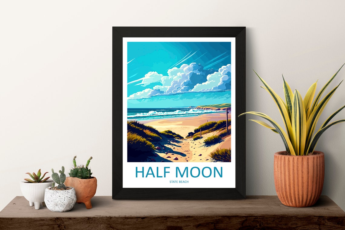Half Moon State Beach Ocean Dune Path Illustrated Travel Poster - Image 3