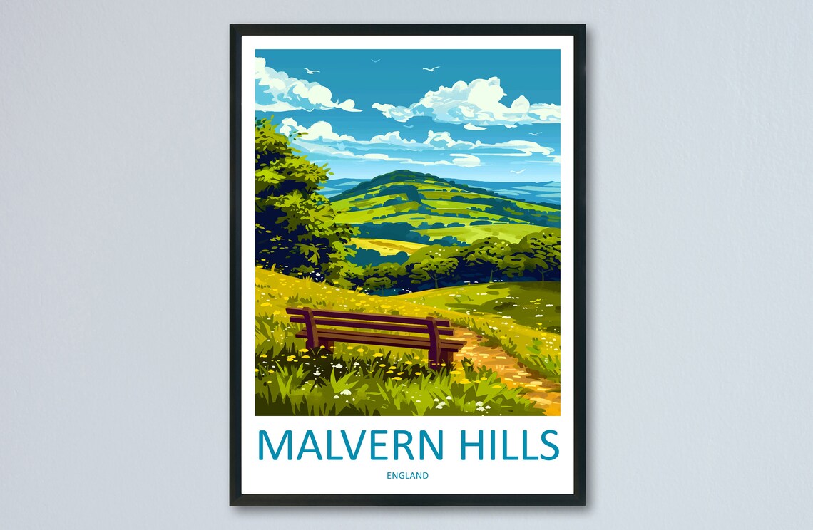 Malvern Hills Travel Poster, AONB Landscape Print