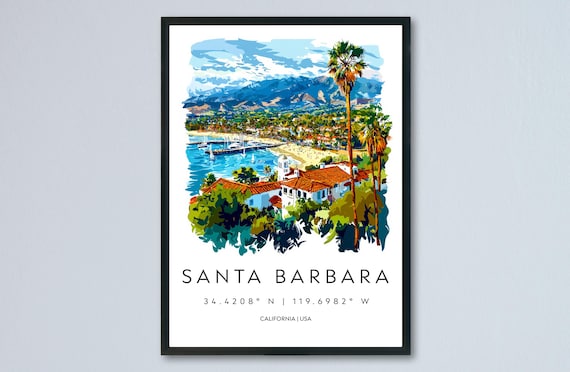 Santa Barbara Watercolor California Waterfront Palm View Travel Poster